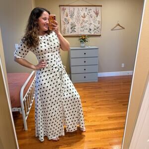 Peony Swimwear White Green Polka Dot Viscose Button Front Maxi Dress Small